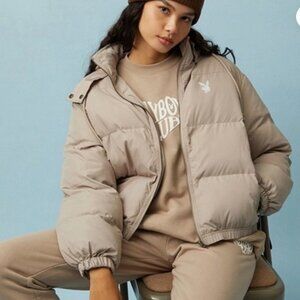 Playboy For Pacsun Cream Puffer Coat Jacket Cinched Waist Hooded Size M/L